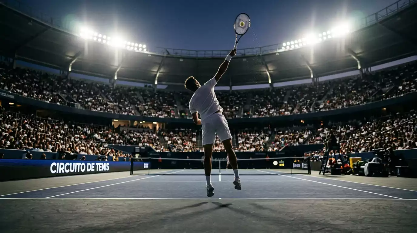 Tenista profesional ATP sacando bajo luz cenital en pista central