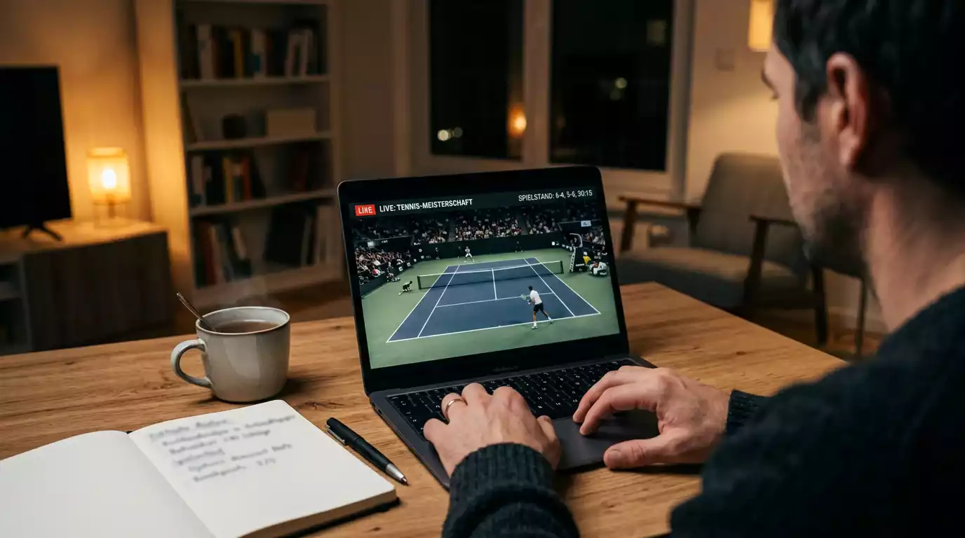 Aficionado siguiendo un partido de tenis ATP en directo desde un ordenador portátil